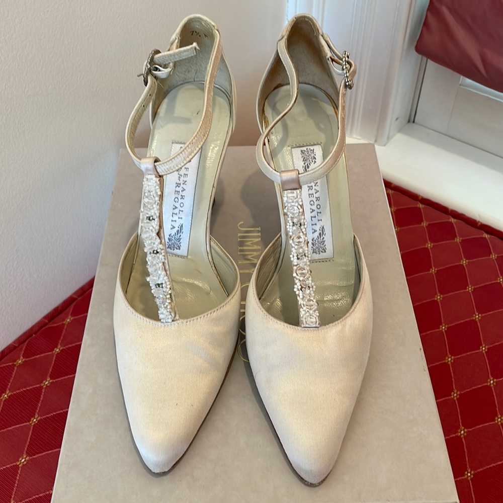 Cream satin beaded T-Strap Pumps